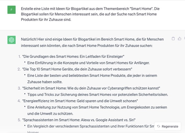 Screenshot eines ChatGPT-Dialogs, in dem die KI eine Liste mit Blogideen zum Thema Smart Home erstellt hat.