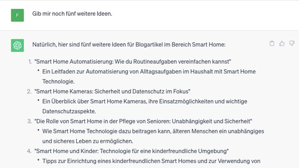 Screenshot eines ChatGPT-Dialogs, in dem fünf weitere Ideen für Blogartikel aufgelistet werden.