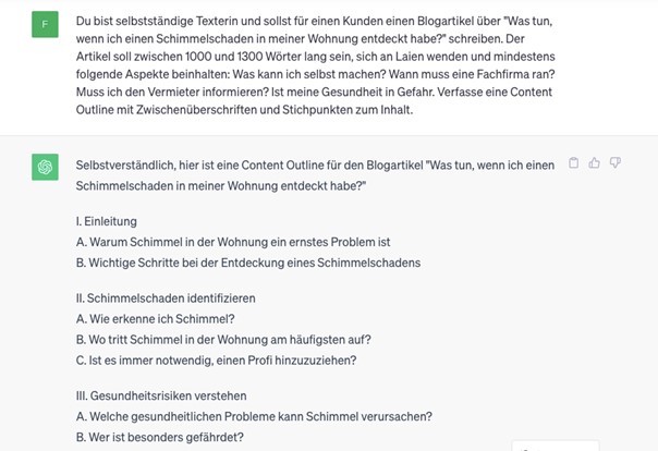 Screenshot eines ChatGPT-Dialogs, in dem es um die Gliederung eines Textes geht.