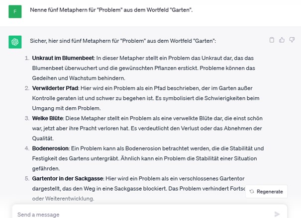 Screenshot eines ChatGPT-Dialogs: Die KI nennt Metaphern für das Wort "Problem" aus dem Wortfeld "Garten".