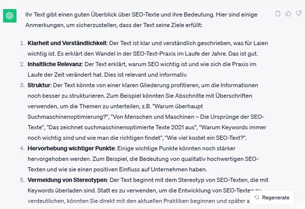 Screenshot eines ChatGPT-Dialogs: Die KI liefert Feedback zu einem Text.